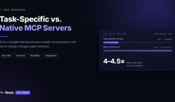 Task-specific vs native MCP servers: chart showing 4 to 4.5 times fewer tool calls on live Google Ads data